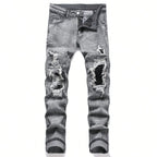 Men‘s Stretchy Denim Jeans Streetwear Tearing Patchwork Holes Ripped Denim Elastic Waist Casual Pants Slim fit Straight Trousers - Matrix Studios