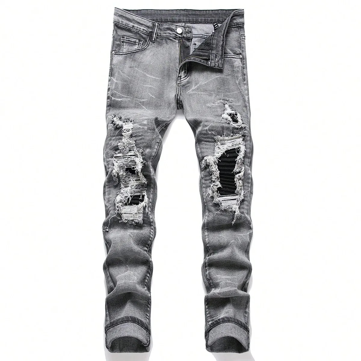 Men‘s Stretchy Denim Jeans Streetwear Tearing Patchwork Holes Ripped Denim Elastic Waist Casual Pants Slim fit Straight Trousers - Matrix Studios