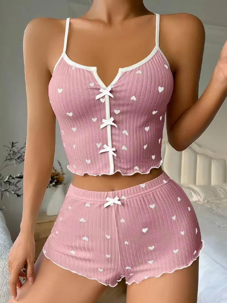 Sexy Sleepwear Women Pajamas Set Heart Print Silk Stain V-Neck Sleeveless Casual Cami Top and Shorts Sets Home Suit Loungewear - Matrix-studios.com