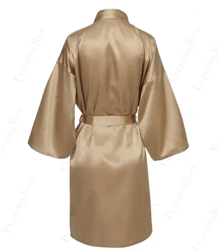 Solid Satin Night Robe, Elegant Half Sleeve V Neck House Robe With Belt, Women's Sleepwear - Matrix-studios.com