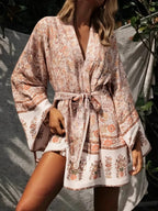 Boho Queens Multi Floral Print Sashes Kimono Women Batwing Sleeve Bohemian Bridesmaid Robe Vacation Beach Boho Bikini Cover-ups - Matrix Studios