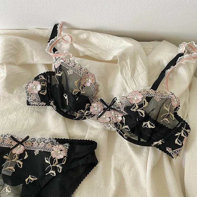 MOYISU New Arrival Luxury Pure Desire Lace Tulle Sexy Panties Lingerie Set Lilacs Embroidery Girl Boobs Big Size Big Boobs Small - Matrix-studios.com