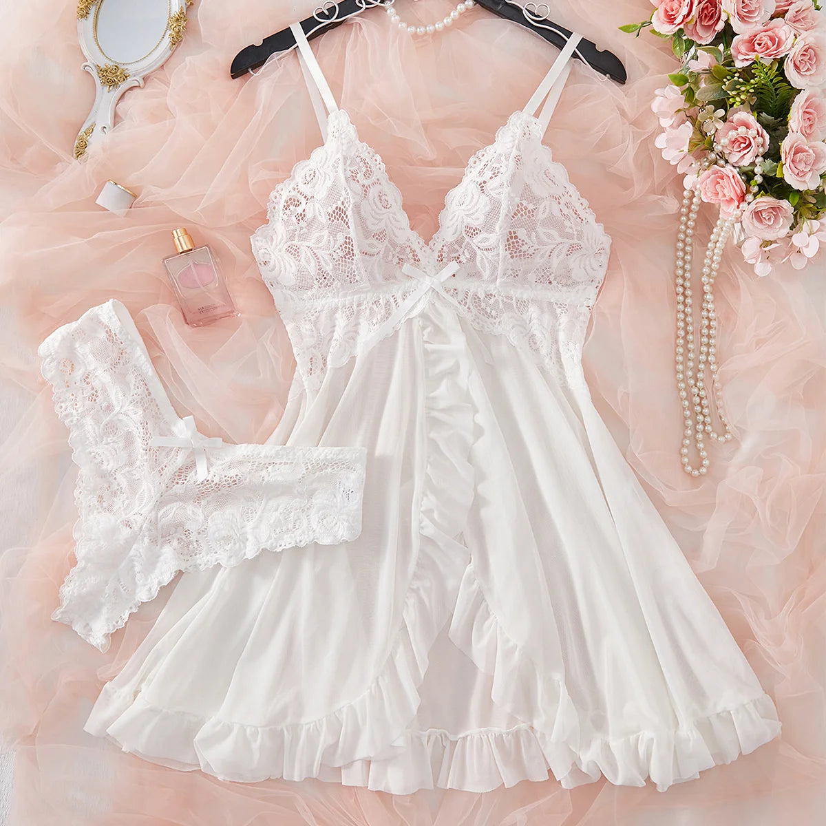 Sexy Lingerie Set Women Erotic Bra Nightdress Sexy Lace Sleepwear Solid Slim Soft Dresses V Neck Full Slip Sleepwear & Dresses - Matrix-studios.com