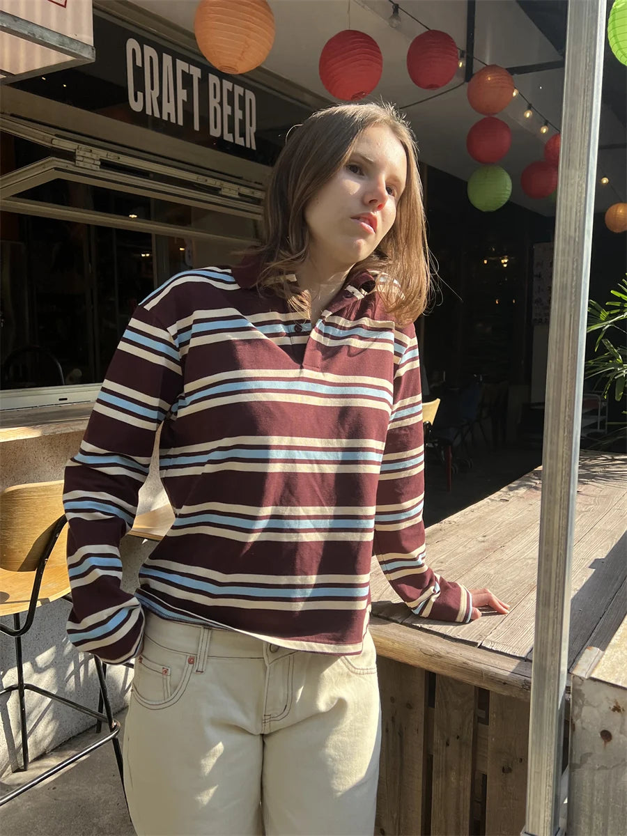Summer Polo Shirts Woman Long Sleeve Crop Top Color Block Green Stripe Print Polo Shirts Mujer Casual Tops Striped Brown Autumn - Matrix-studios.com