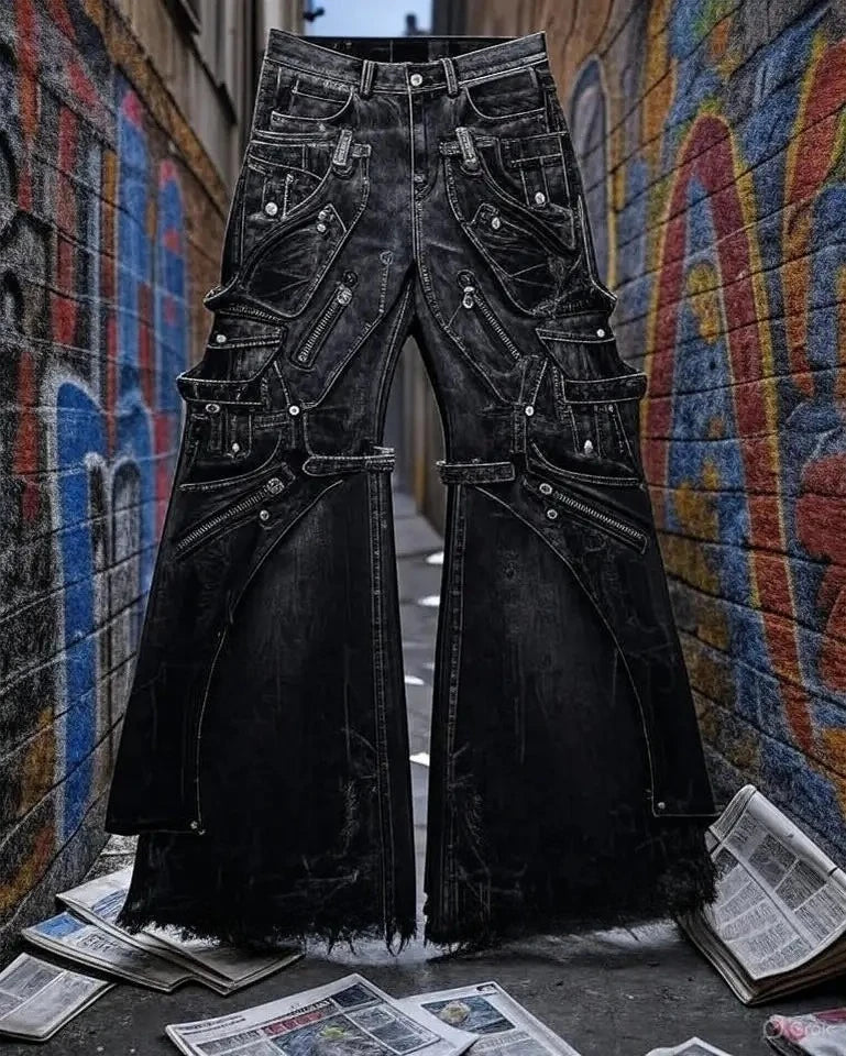 Streetwear Goth Punk Multi-Pocket Cargo Jeans Mens Black Distressed Flared Denim Pants with Straps Zippers Studs  Frayed Edges - Matrix Studios