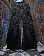 Streetwear Goth Punk Multi-Pocket Cargo Jeans Mens Black Distressed Flared Denim Pants with Straps Zippers Studs  Frayed Edges - Matrix Studios