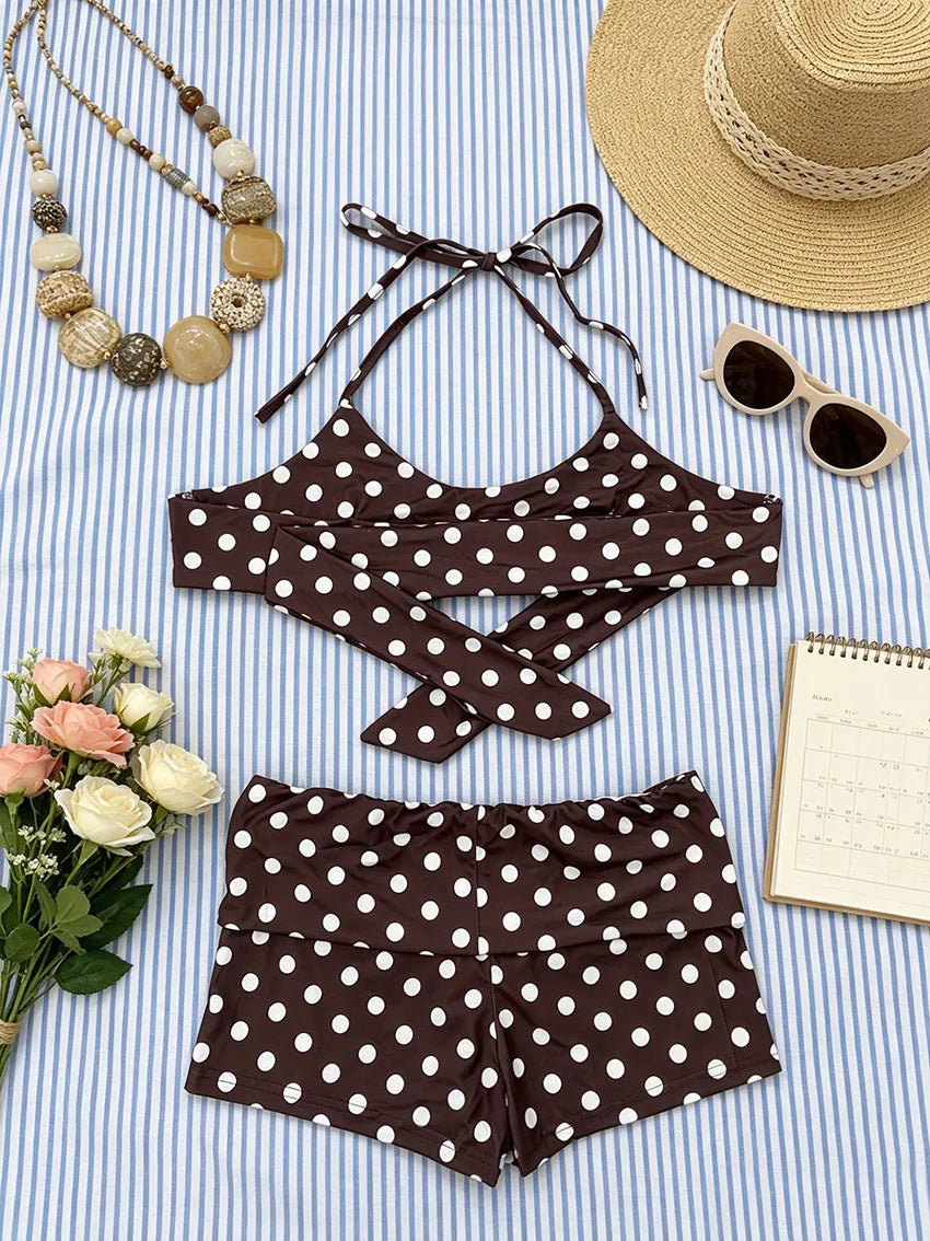 Coquette Retro Brown Polka Dot Tankini For Women Halter String Tie Back Bikini Top Matching Fold Waist Short Beach Swimwear Sets - Matrix-studios.com
