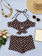 Coquette Retro Brown Polka Dot Tankini For Women Halter String Tie Back Bikini Top Matching Fold Waist Short Beach Swimwear Sets - Matrix-studios.com