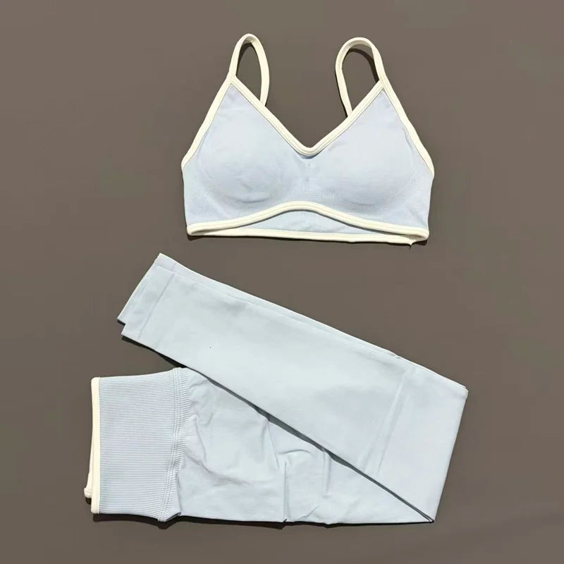 2Pcs HISTELLO Women's Seamless Yoga Fitness Set Ignite Sculpt Scrunch Leggings Strappy Halter Bra Gym Sports Fitness Outfit - Matrix-studios.com