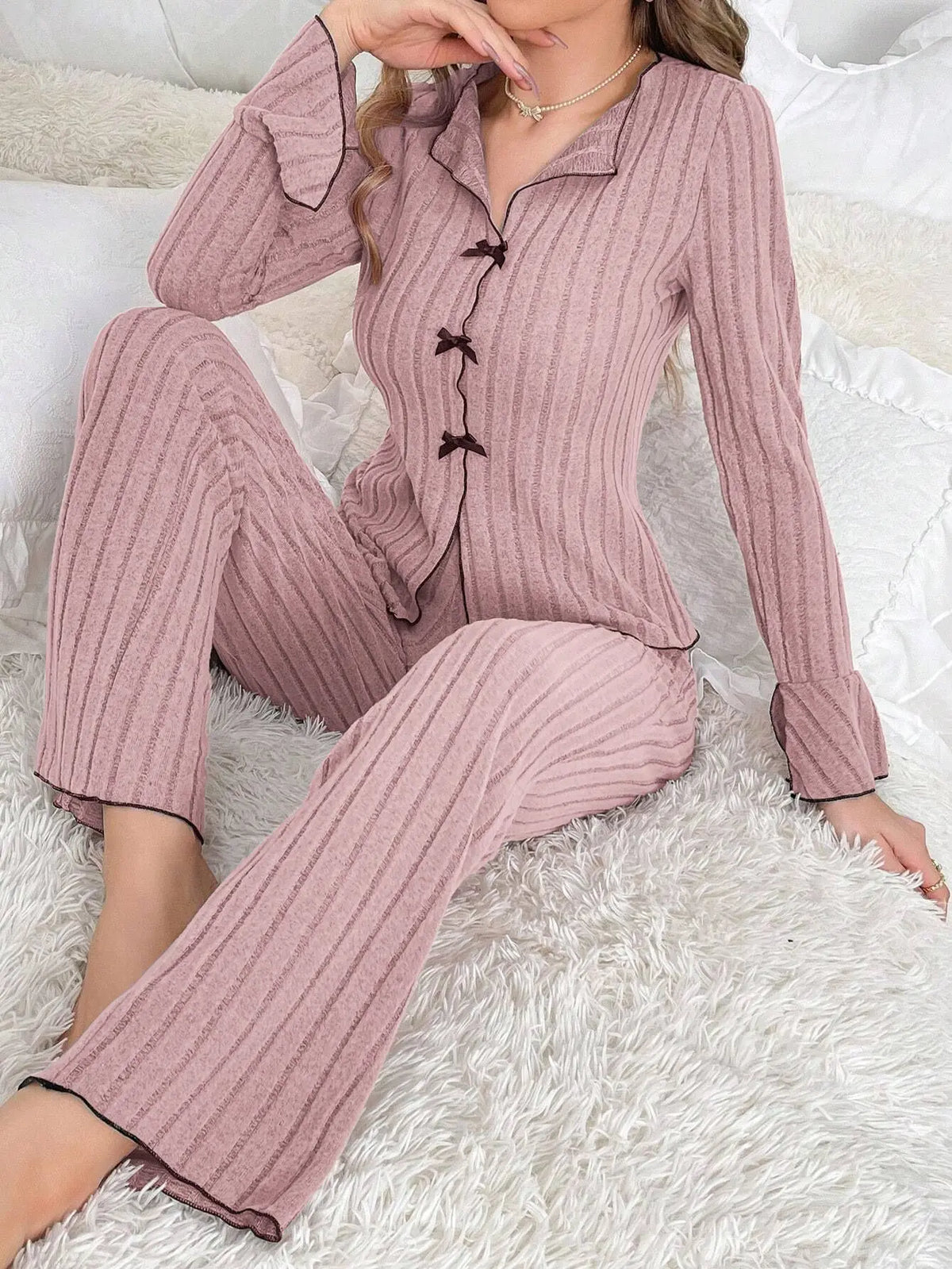 2-Piece Women's Autumn and Winter Pure Color Elegant Bow Women's Simple Long-Sleeved Pants Pajama Set Leisure home clothing - Matrix-studios.com