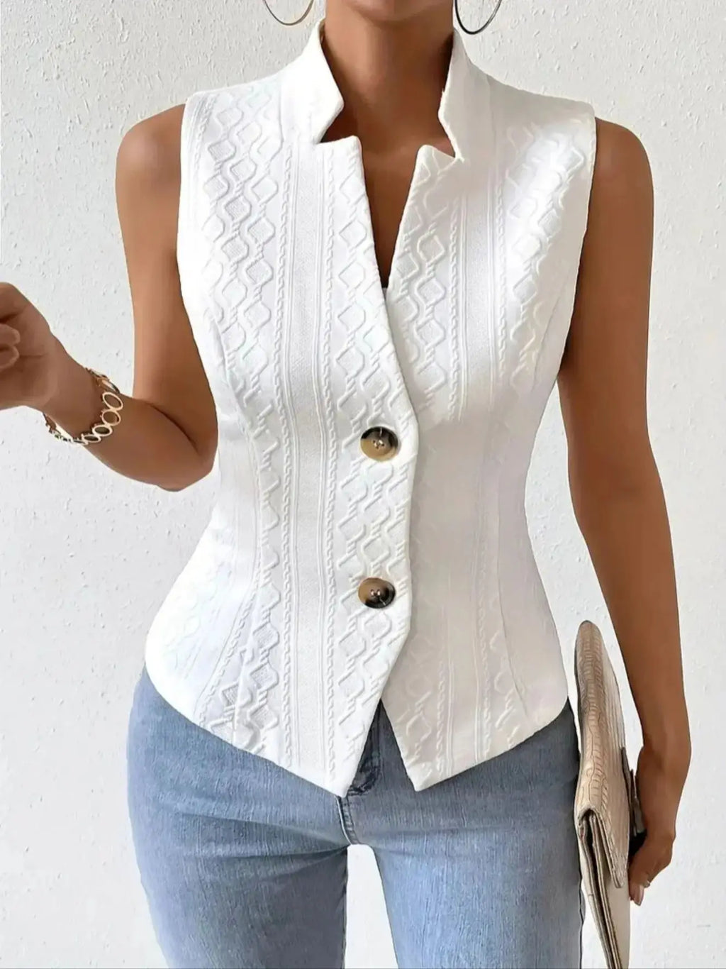 Women's Elegant V-Neck Sleeveless Blazer Vest Solid White Textured Button-Down Slim Fit Waistcoat Top - Matrix Studios