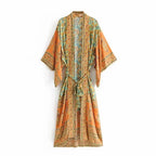 Boho Queens Women Yellow Floral Print Sashes  Kimono Ladies V Neck Batwing Sleeves Bohemian Maxi Dress Robe Cover-up - Matrix Studios