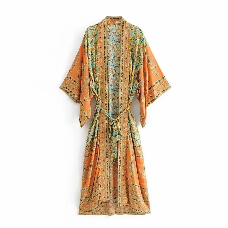 Boho Queens Women Yellow Floral Print Sashes  Kimono Ladies V Neck Batwing Sleeves Bohemian Maxi Dress Robe Cover-up - Matrix Studios