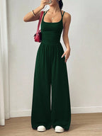 Women's Casual Solid Color Pleating Loose Straight Jumpsuit A-line Backless Halter Neck Slim Cami Jumpsuit Streetwear 2025 - Matrix Studios