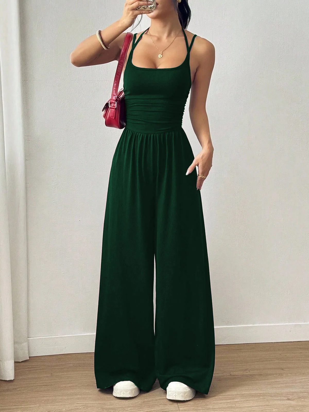 Women's Casual Solid Color Pleating Loose Straight Jumpsuit A-line Backless Halter Neck Slim Cami Jumpsuit Streetwear 2025 - Matrix Studios