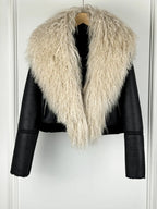 2025 Winter Women Warm Faux Leather Sheepskin Coat Female Zipper Slim Streetwear Moto Biker Jacket Large Real Wool Fur Collar - Matrix Studios