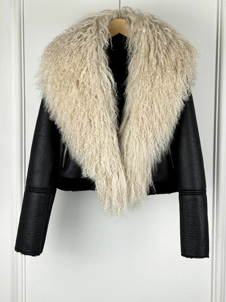 2025 Winter Women Warm Faux Leather Sheepskin Coat Female Zipper Slim Streetwear Moto Biker Jacket Large Real Wool Fur Collar - Matrix Studios