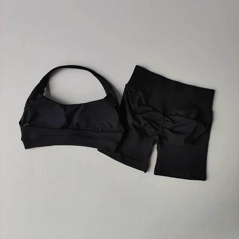 Sexy Halter Neck Beautiful Back High Waist Peach Sports Bras Shorts Suit Pilates Gathering Yoga Vest Training Fitness Bra Sets - Matrix-studios.com