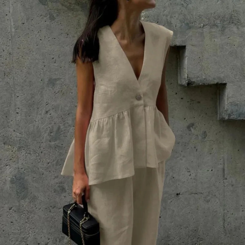 Fashion Women's Trouser Suits Sleeveless V-Neck Top Women Casual Straight Pants Sets Summer Women's Suit Commuter 2 Piece Set - Matrix-studios.com