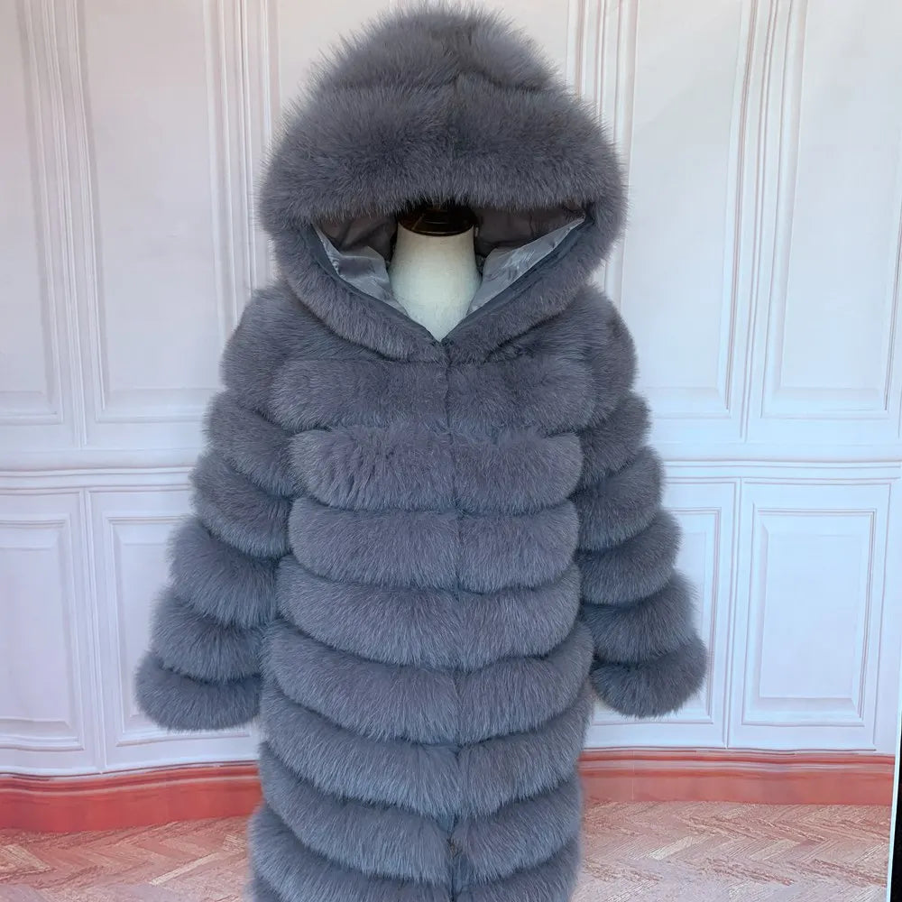 QUEENTINA Hood Fur Coat Women Real Fox Long New Luxury Female Natural Leather Jacket Warm Thick Long Winter Fur Vest Waistcoat - Matrix Studios