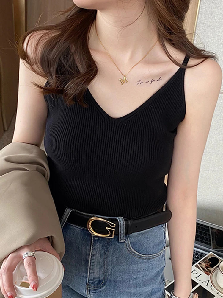 Korea Summer Tops 2026 New Solid V-Neck Elastic Knitted Suspender Camis Women's Tanks Clothing Basics Shirt - Matrix-studios.com