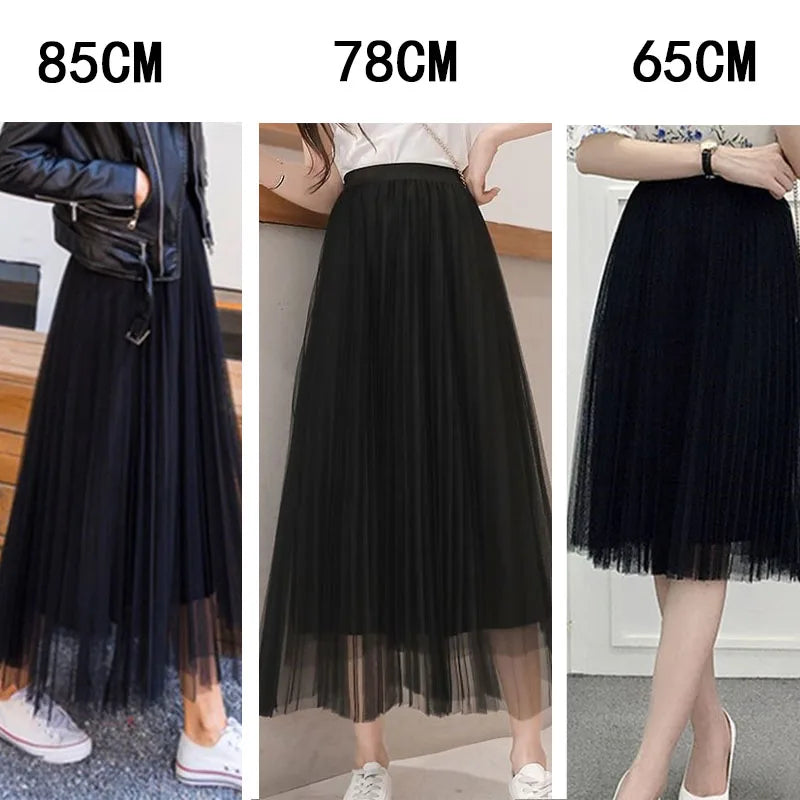 Vintage Tulle Skirt Women Streetwear Elastic High Waist Mesh Pleated Skirts Summer Elegant Korean A Line Office Ladies Skirt New - Matrix-studios.com
