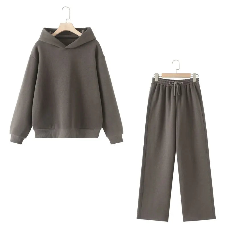 HH Women Solid Casual Sweatshirt Pant Suit Long Sleeve Hooded Fleece Pullover Coat Loose Straight Trousers Office Lady Sets - Matrix-studios.com