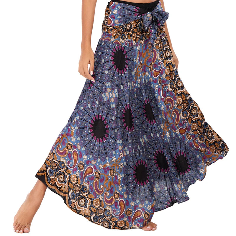 Boho Skirts Women Rayon Beach Long Dress Summer Bohemian Jupe Longue Femme Elastic Waist Print Floral Bandage Halter Hippie - Matrix Studios