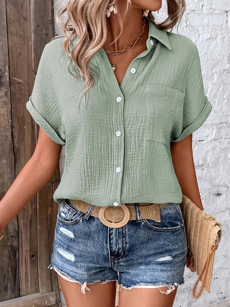 Women Casual Cotton Blouse Vintage Summer Short Sleeve Slim Shirt Elegant Turn Down Collar Solid Tunics Harajuku Streetwear Tops - Matrix-studios.com