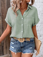 Women Casual Cotton Blouse Vintage Summer Short Sleeve Slim Shirt Elegant Turn Down Collar Solid Tunics Harajuku Streetwear Tops - Matrix-studios.com