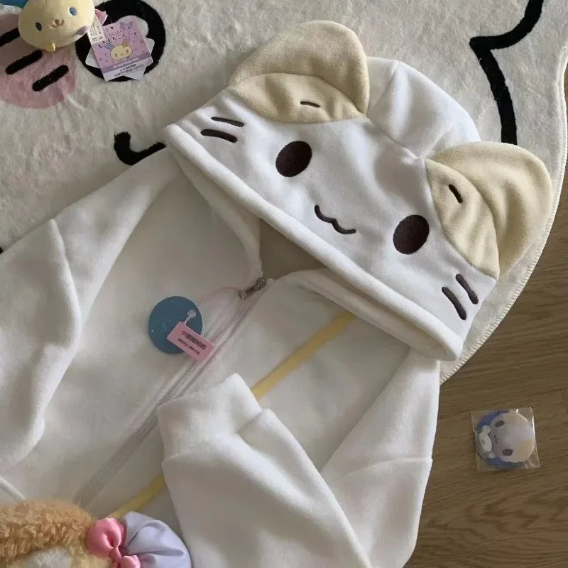 Kawaii Lolita Style Women Fleece Hoodies Cutecore Oversize Japanese Soft Girl Zipper Sweatshirt Casual Cartoon Cardigan Jacket - Matrix Studios