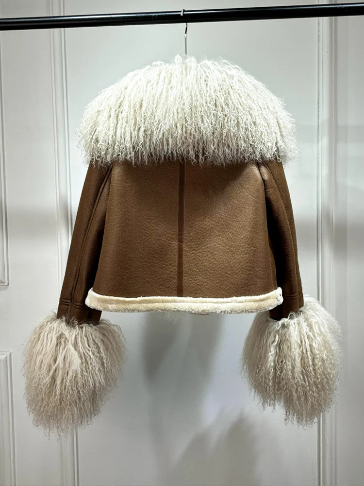 Janveny 2026 Winter Warm Faux Leather Sheepskin Coat Women Large Real Wool Fur Collar Zipper Slim Biker Pu Leather Short Jacket - Matrix Studios