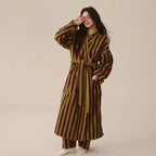 Thickened Flannel Robe Pants Pajamas Set Autumn Winter New Couple Coral Velvet Women Men Bathrobe Striped Lengthed Home Clothes - Matrix-studios.com