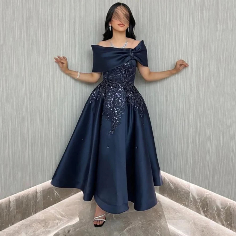 Customized Navy Blue A-line Flower Appliques Satin Evening Dress Draped Off the Shoulder Sleeveless Ankle Length Party Prom Gown - Matrix Studios