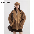 CHIC VEN Women Faux Leather Coat Single Breasted Loose Casual New Motorcycle Suit Suede Fur Jacket Female Top Autumn Winter 2025 - Matrix Studios