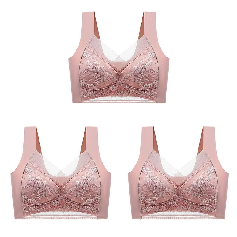 3Pcs Women Lace Bra Perspective Push Up Ice Silk Deep V Bralette Bra Sexy Lingerie Tops Plus Size Cup Mom's underwear L-5XL - Matrix Studios