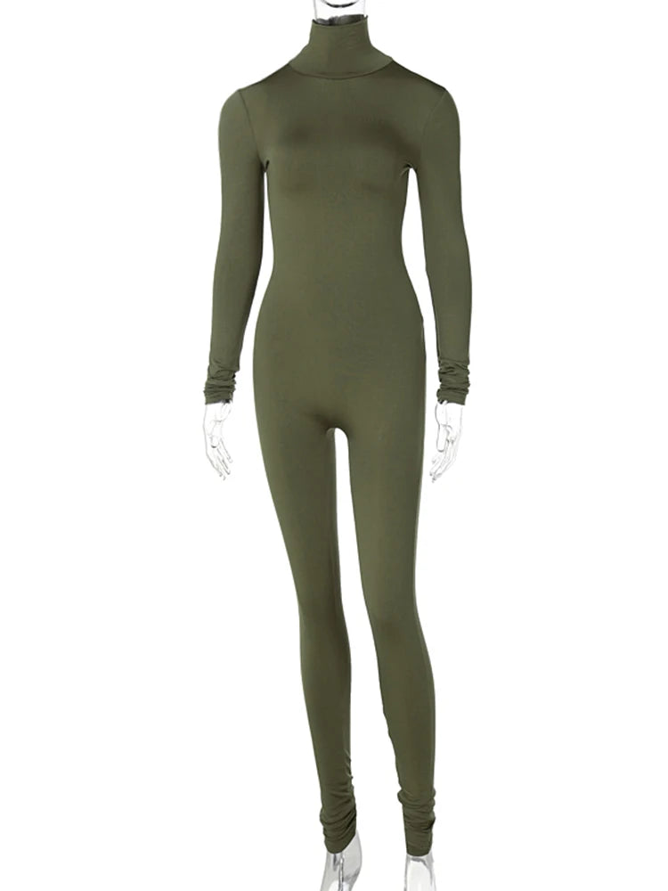 Hugcitar Long Sleeve Solid Turtleneck Skinny Bodycon Jumpsuit Autumn Winter Women Fashion Streetwear Casual Romper - Matrix Studios