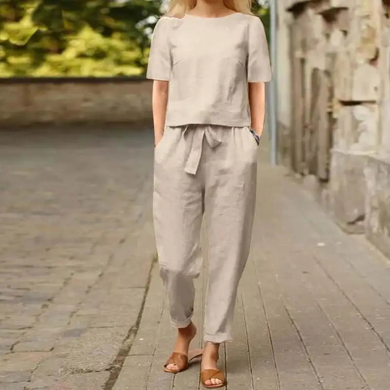 Women's Cotton Linen Suit Summer Matching Suit Half-sleeved Round Neck Tie Elastic Waist Trousers Wide-leg Pants Retro Suit 2024 - Matrix-studios.com