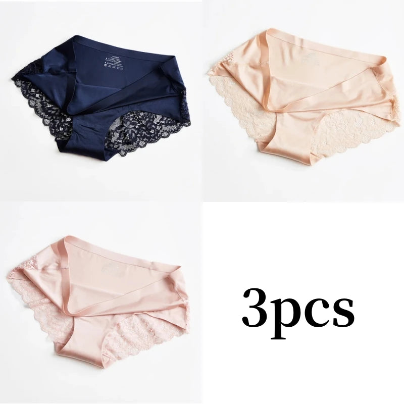 3pcs Lace Women's Panties French Seamless Underwear Female Ice Silk Briefs Solid Color Breathable Underpants Lingerie - Matrix Studios