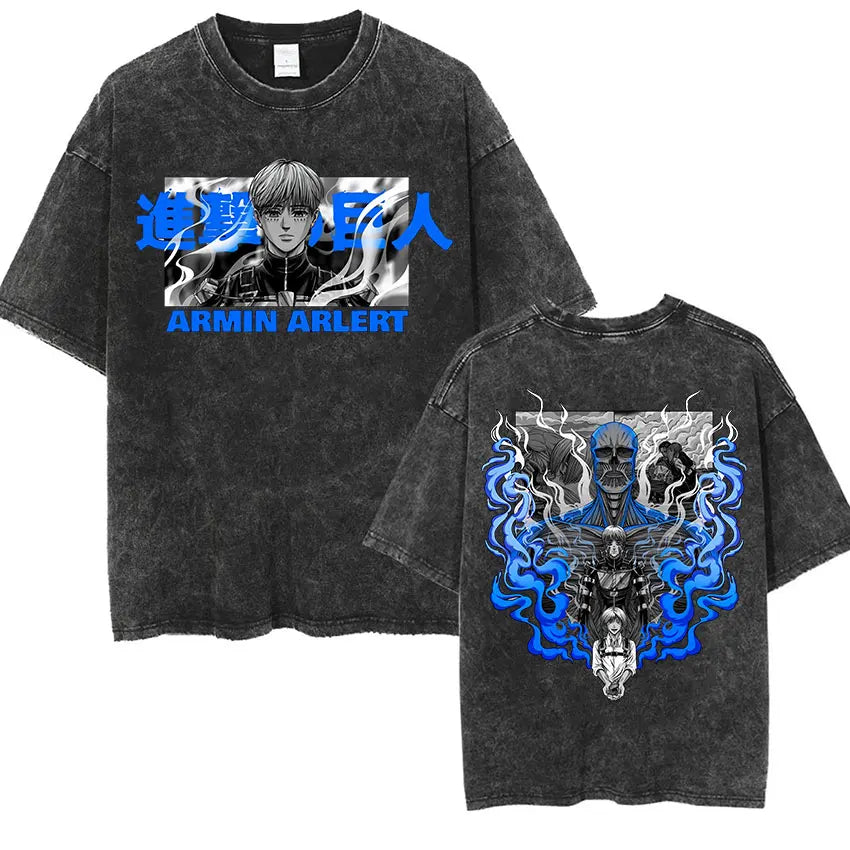 Anime Attack on Titan Vintage Washed Print T-shirt Mikasa Ackerman Eren Jaeger Wings of Freedom Logo Mens Summer Cotton T-shirts - Matrix Studios