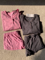 Pink Striped Long Sleeve T-shirt Shorts Set Woman Buttons Slim Tees+Elastic Straight Short Pant Cotton Home Pajama 2 Piece Sets - Matrix-studios.com