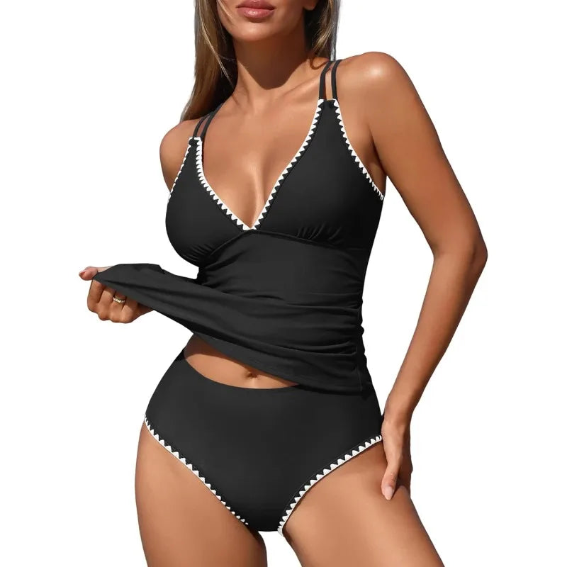 Women Tankini Swimsuit Color Block Tummy Control V Neck Push Up Top High Waisted Swim Bottom 2026 Summer Two Piece Bathing Suit - Matrix-studios.com