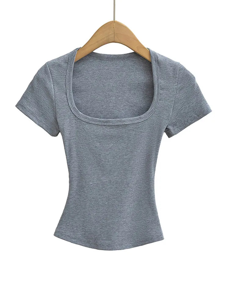 Square Collar High Stretch Summer Crop Tops Women Short Sleeve Tops Sexy Pullover Bottoming Blouses Slim T-shirt - Matrix-studios.com