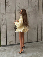 Women Floral Print Mini Dress V-neck Balloon Sleeve Keyhole Detail Tiered Ruffle Hem Dresses 2026 New Summer Holiday Party Gowns - Matrix-studios.com