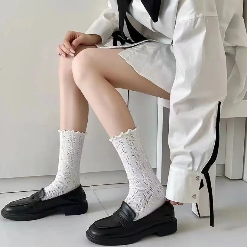 Autumn Women's Socks with Lace Trim Hollow-Out Mesh Breathable Slouch Solid Color Trendy and Versatile for Instagram Style Socks - Matrix Studios
