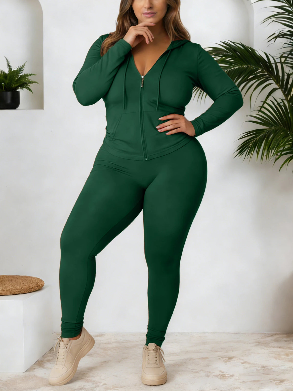 Gentle Soft Solid Color Curvy Athleisure Suit, Zip Hoodie Tracksuit Complete With Joggers, Comfortable Casual Streetwear, Versatile All Seasons Oversized Matching Set For Yoga Daily Party - Matrix-studios.com
