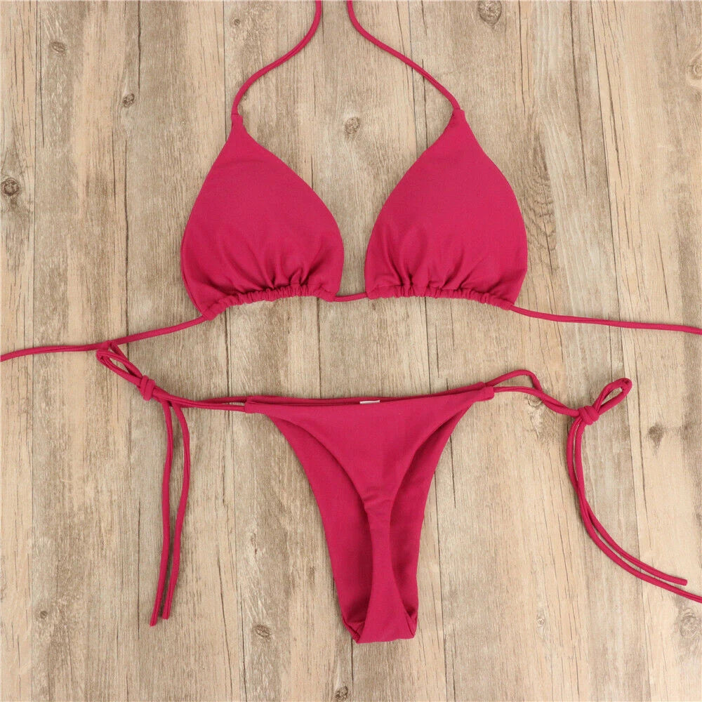 Women Tie Sexy Thong Bikini Set Side Swimsuit Bandage Style Brazilian Swimwear Split Strap Adjustable Solid Female Swimsuit Set - Matrix-studios.com