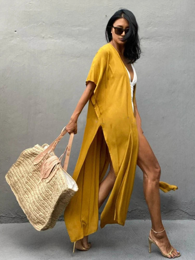 Swimsuit Cover Ups for Women Beach Cape Tunic Kimono Summer Belted Split Wrap Dresses Pareo Holiday Bathing Suits Factory Supply - Matrix Studios