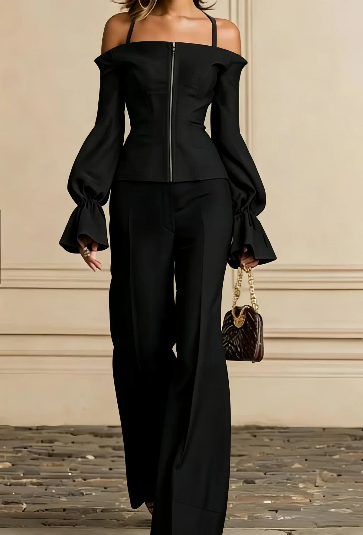 2 Piece Pants Set Women Solid Spaghetti Strap Lantern Sleeve Zip Slim Top Wide Leg Trousers Outfits Elegant Formal Office Suit - Matrix-studios.com