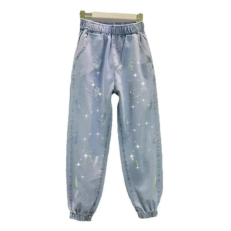 High waisted Jeans For Summer 2026 New Loose Elastic waist Hot pressed Diamond Pants Women's Casual Denim Trousers - Matrix-studios.com